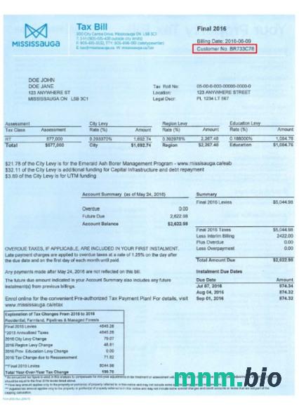 Canada Mississauga tax bill w formacie PSD